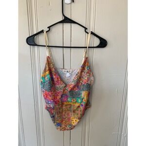 Natural Life Patchwork Floral Camisole Top V-Neck Adjustable Straps Boho Multi L